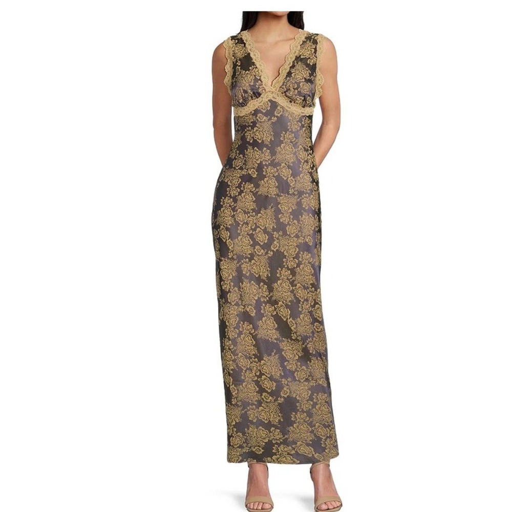 Thirty Thirty LA Floral Satin Slip Dress Navy Size XS Maxi Lace Lingerie Core